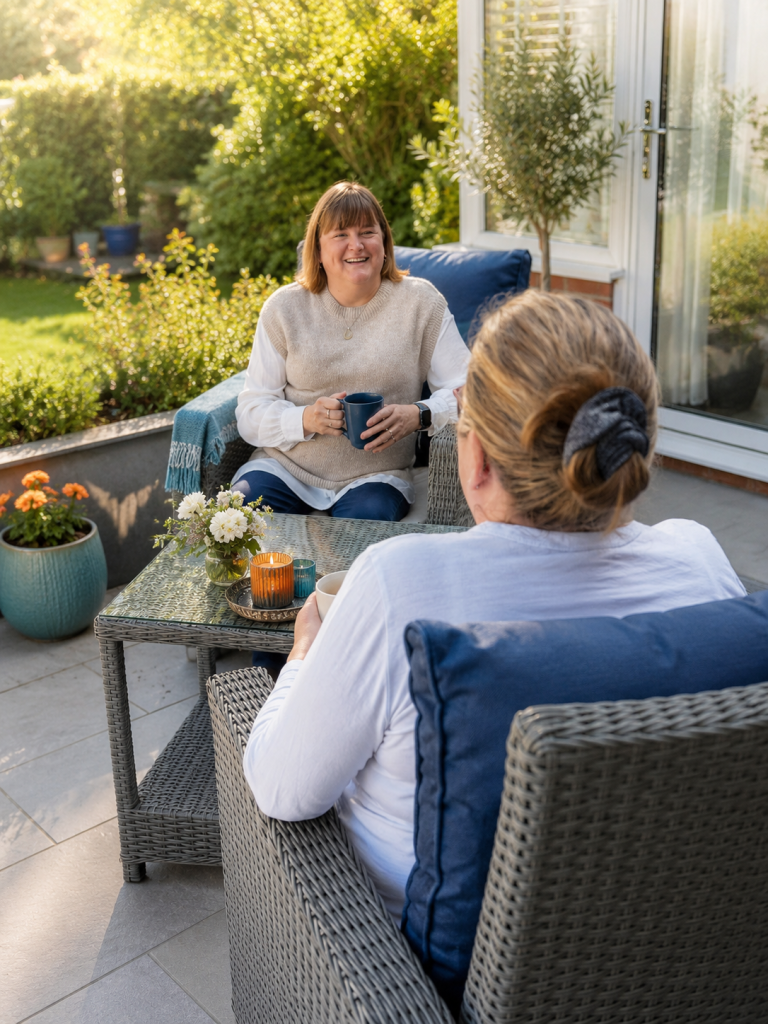 Counsellor and client talking over coffee in a peaceful garden setting