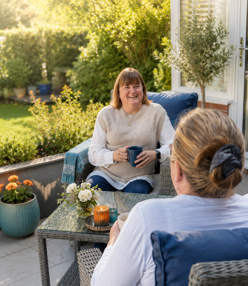 Counsellor and client talking over coffee in a peaceful garden setting