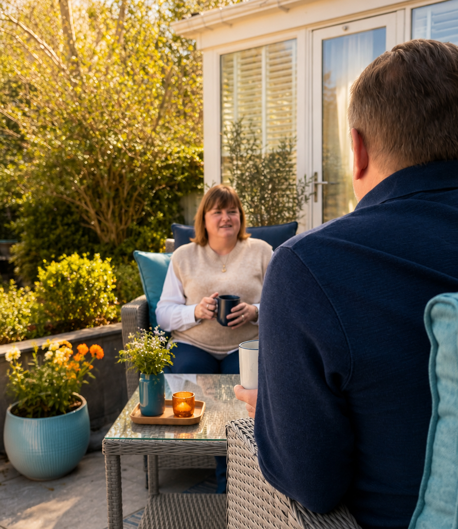 Paula Hennighan in a supportive counselling conversation with a client outdoors